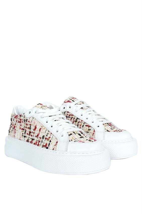 Kadın Sneakers Ayakkabı-Bej Renkli Kumaş-Beyaz Deri