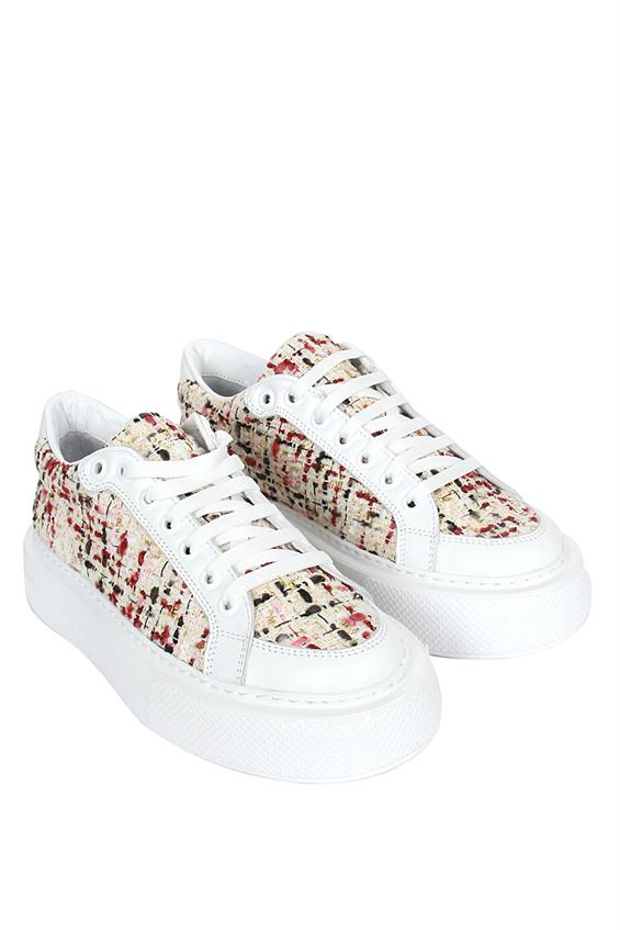 Kadın Sneakers Ayakkabı-Bej Renkli Kumaş-Beyaz Deri