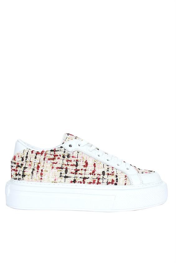 Kadın Sneakers Ayakkabı-Bej Renkli Kumaş-Beyaz Deri