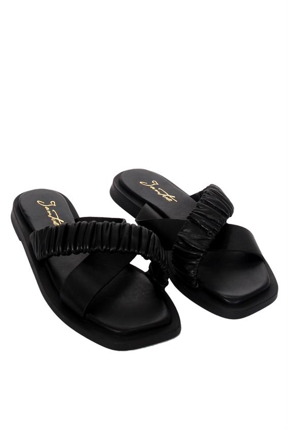 Kadın Günlük Düz Terlik-Siyah Deri