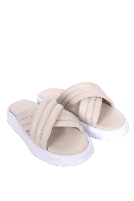 Kadın Günlük Düz Terlik- Bej Deri