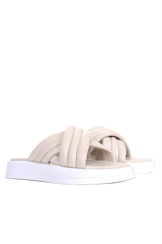 Kadın Günlük Düz Terlik- Bej Deri