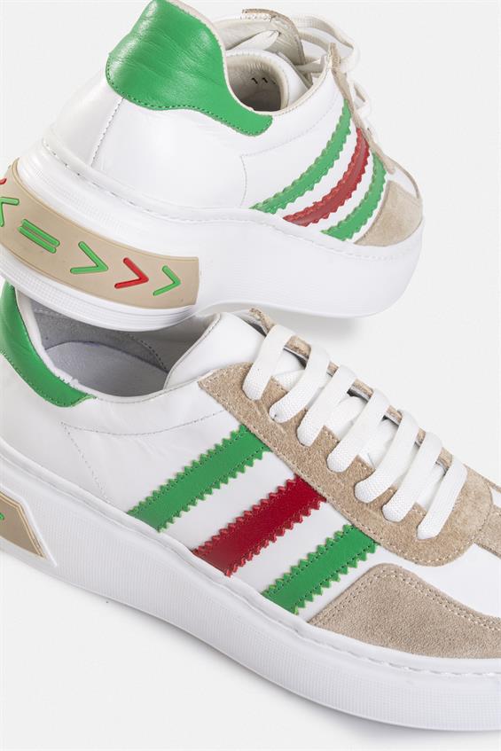 Kadın Spor Ayakkabı - Beyaz-Yeşil-Kırmızı-Bej Deri