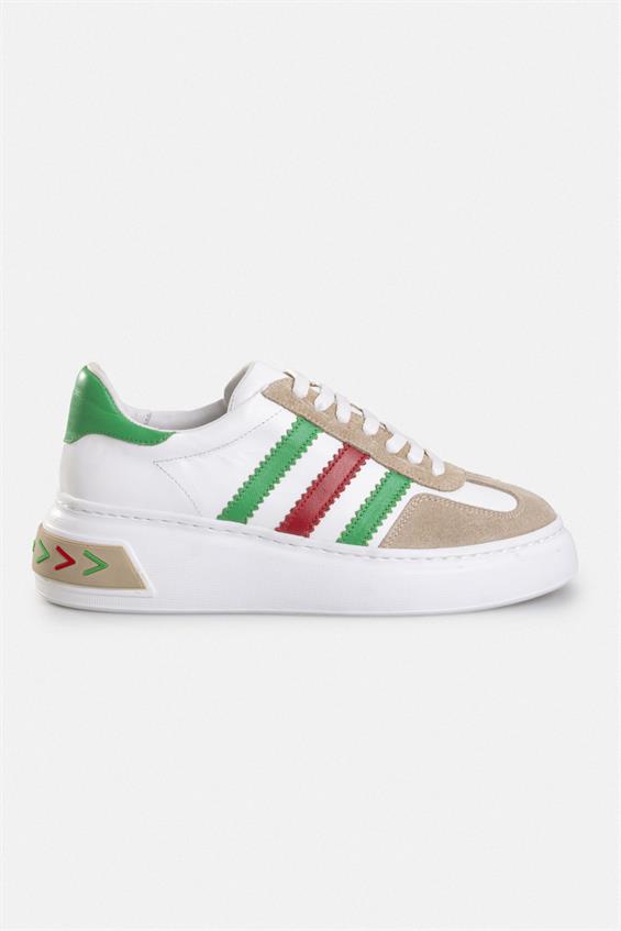 Kadın Spor Ayakkabı - Beyaz-Yeşil-Kırmızı-Bej Deri