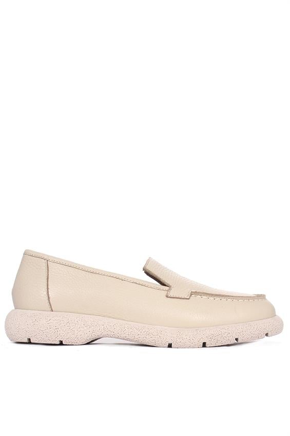 Kadın Babet Ayakkabı Loafer - Bej Floter Deri