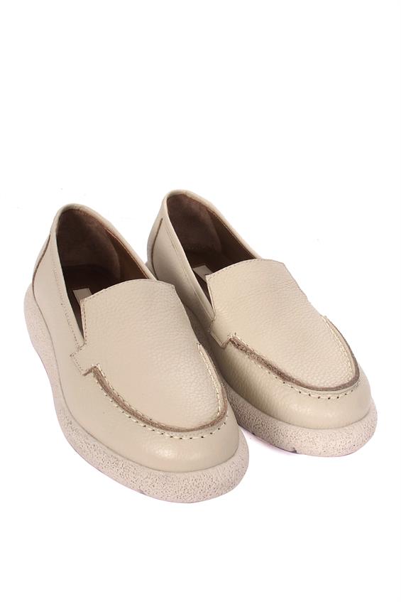 Kadın Babet Ayakkabı Loafer - Bej Floter Deri