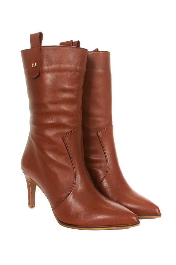 Kadın Topuklu Çizme - Taba Deri