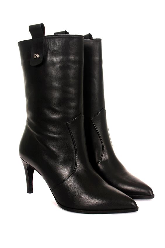 Kadın Topuklu Çizme - Siyah Deri