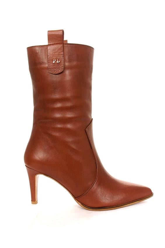 Kadın Topuklu Çizme - Taba Deri