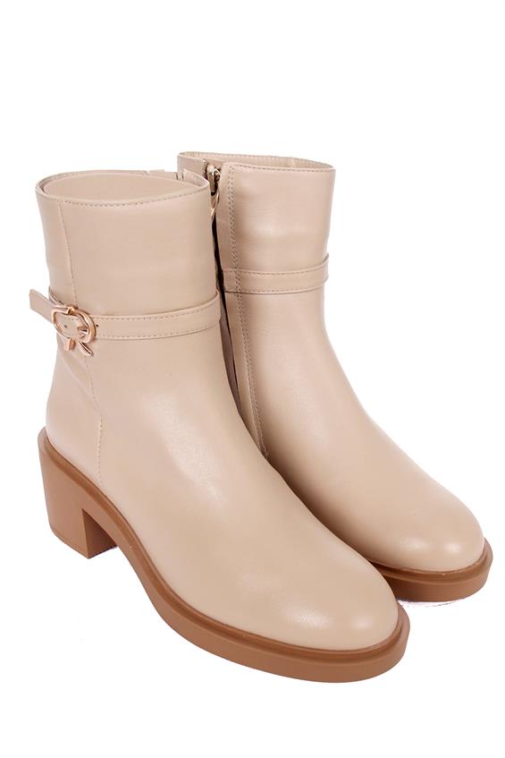 Kadın Topuklu Bot - Krem Deri