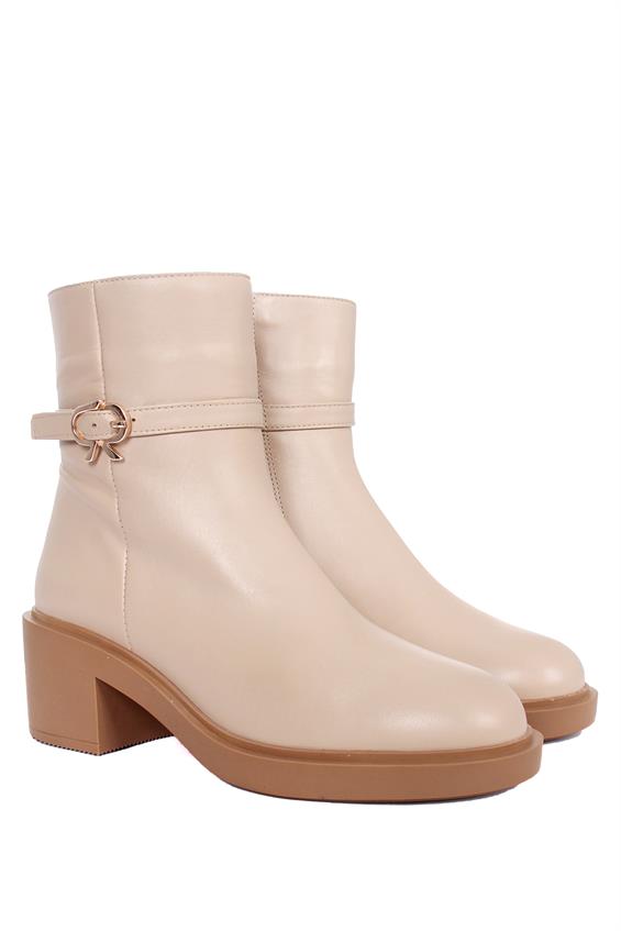Kadın Topuklu Bot - Krem Deri
