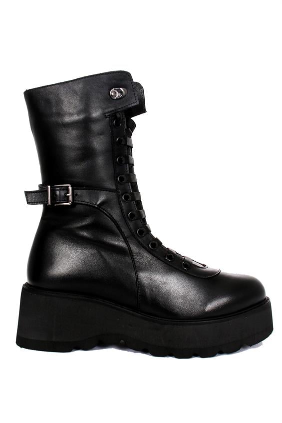 Kadın Kalın Tabanlı Günlük Bot - Siyah Deri S.Ast