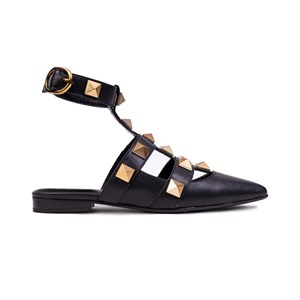 Kadın Günlük Düz Sandalet - Siyah Deri