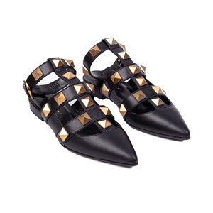 Kadın Günlük Düz Sandalet - Siyah Deri