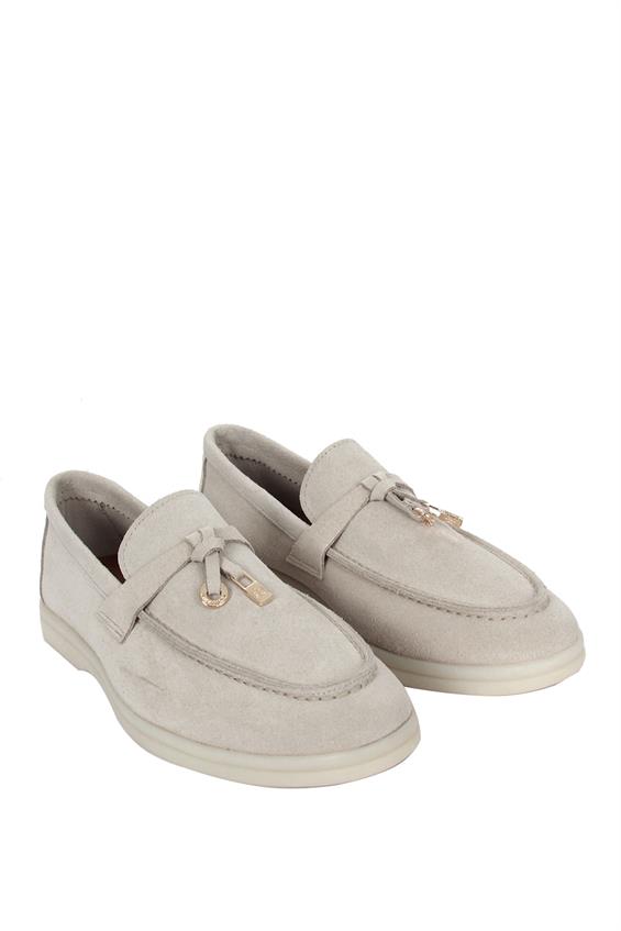 Kadın Babet Ayakkabı Loafer - Gri Süet