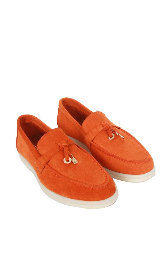 Kadın Babet Ayakkabı Loafer - Turuncu Süet