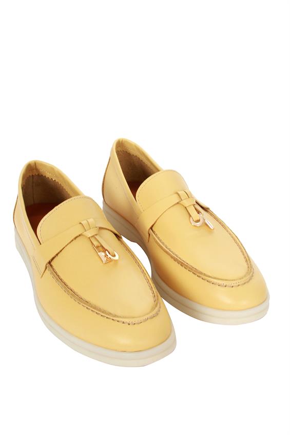 Kadın Babet Ayakkabı Loafer - Sarı Deri