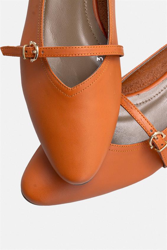 Kadın Tokalı Babet Ayakkabı - Turuncu Deri