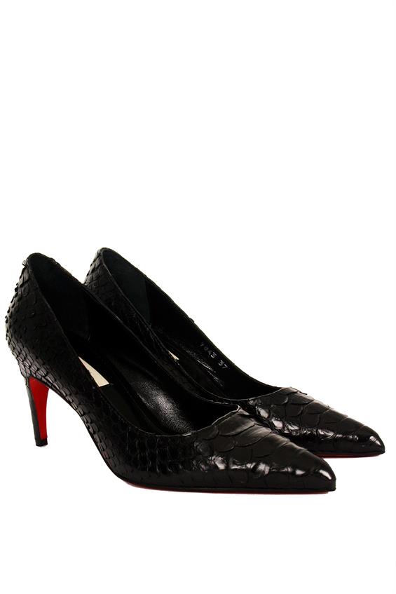 Kadın İnce Topuklu Ayakkabı - Siyah Yılan Derisi