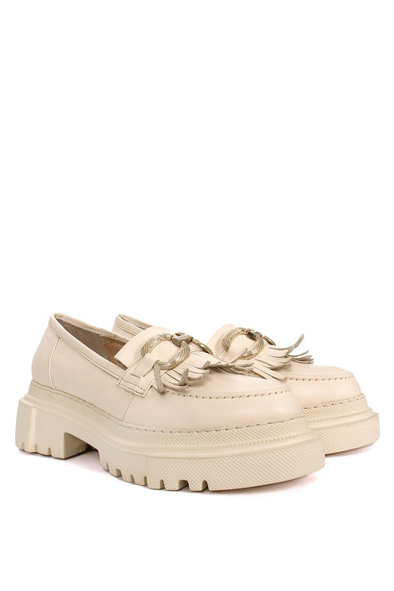 Kadın Tokalı Loafer Babet Ayakkabı - Krem Deri