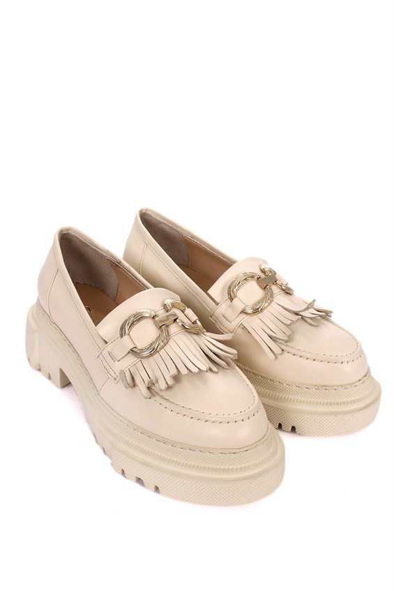 Kadın Tokalı Loafer Babet Ayakkabı - Krem Deri