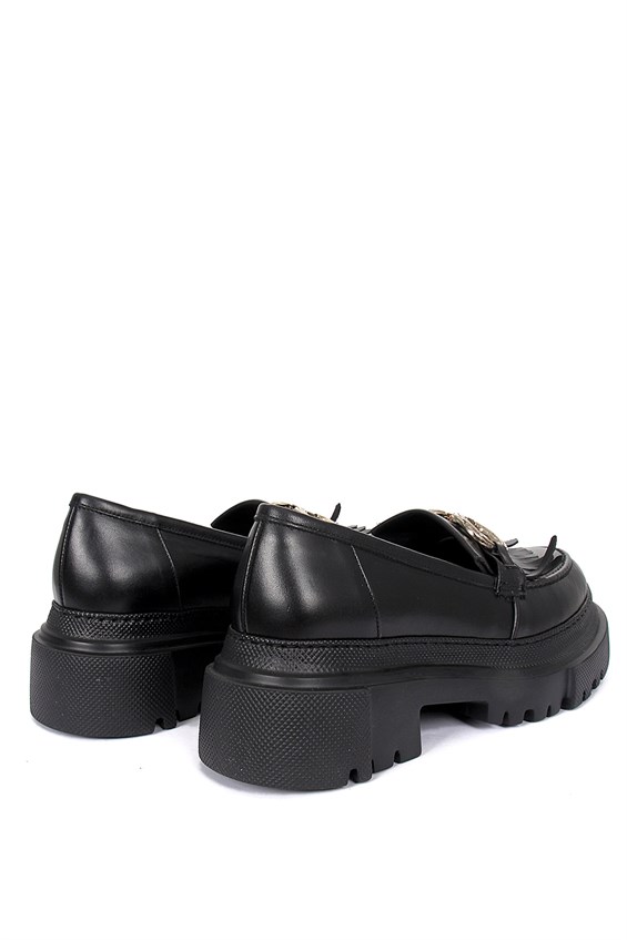 Kadın Tokalı Loafer Babet Ayakkabı - Siyah Deri