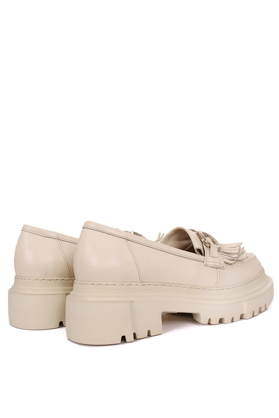 Kadın Tokalı Loafer Babet Ayakkabı - Krem Deri