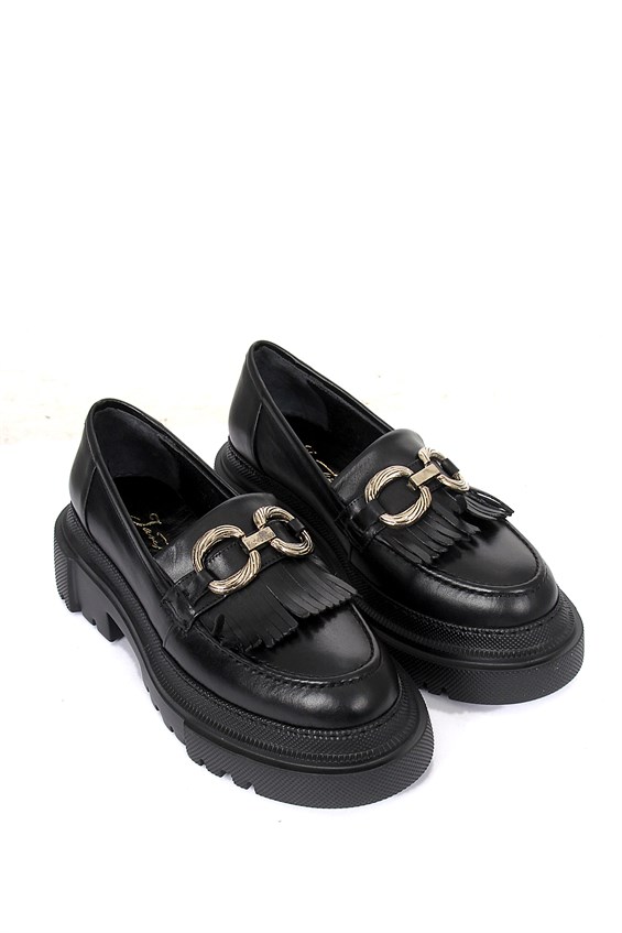 Kadın Tokalı Loafer Babet Ayakkabı - Siyah Deri