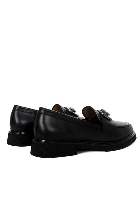 Kadın Tokalı Loafer Babet Ayakkabı - Siyah Deri