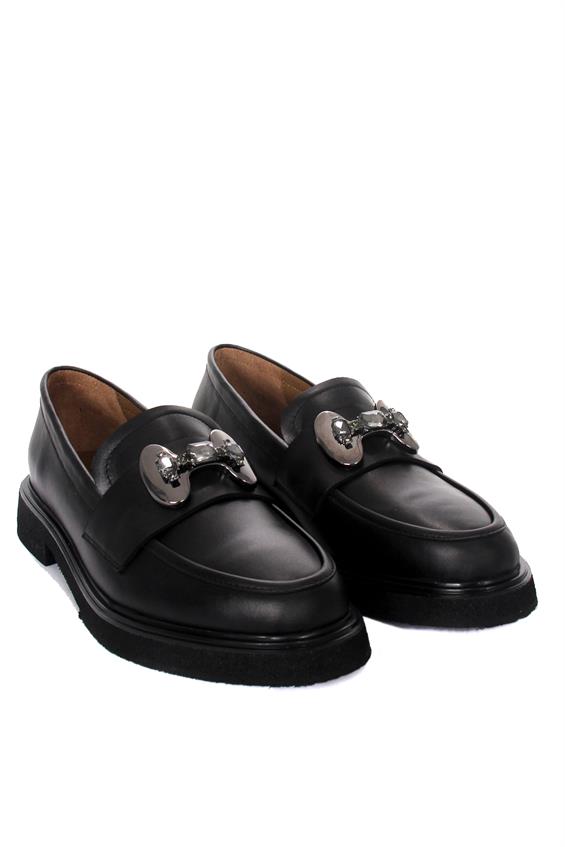 Kadın Tokalı Loafer Babet Ayakkabı - Siyah Deri