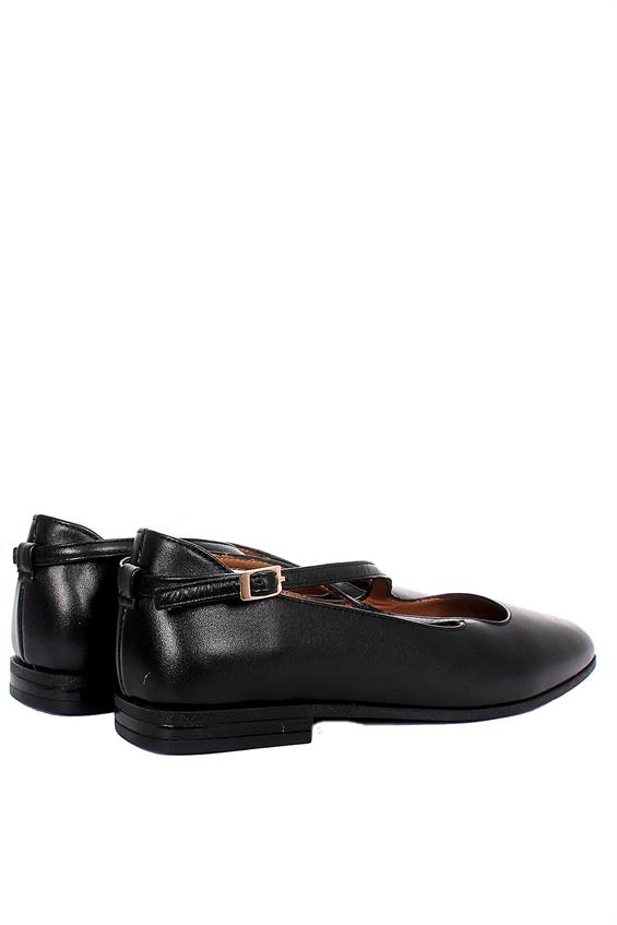 Kadın Tokalı Babet Ayakkabı - Siyah Deri