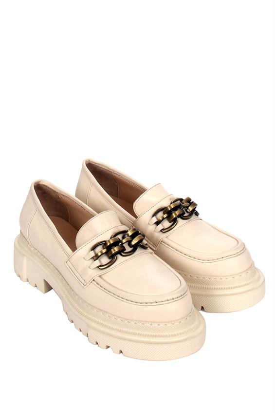 Kadın Tokalı Loafer Babet Ayakkabı - Krem Deri