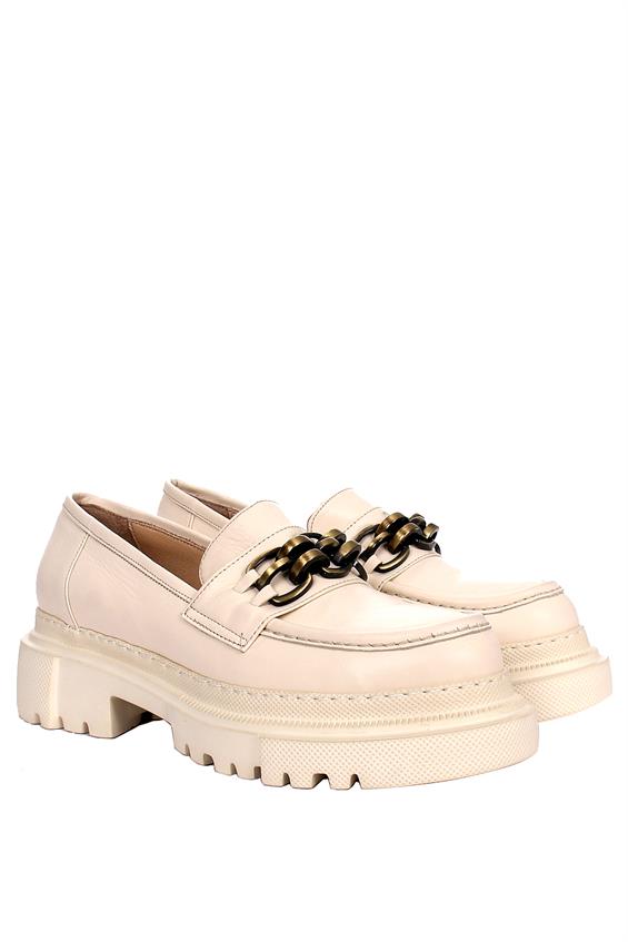 Kadın Tokalı Loafer Babet Ayakkabı - Krem Deri