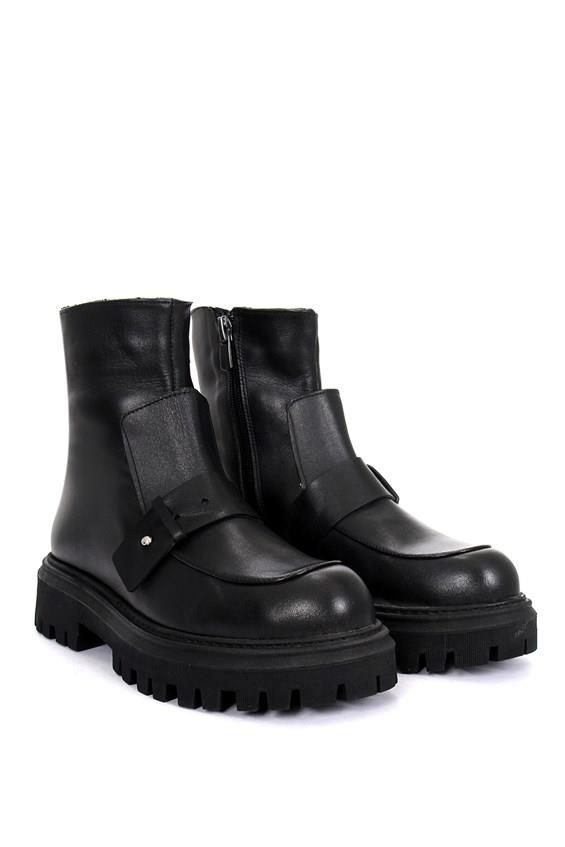 Kadın Kalın Tabanlı Günlük Bot- Siyah Deri