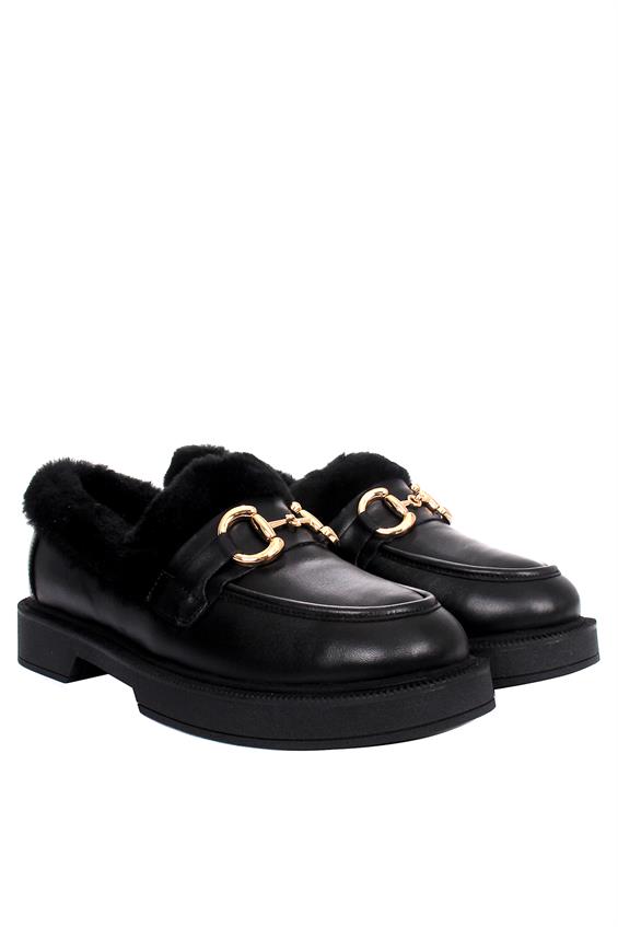 Kadın Tokalı Loafer Babet Ayakkabı - Siyah Deri