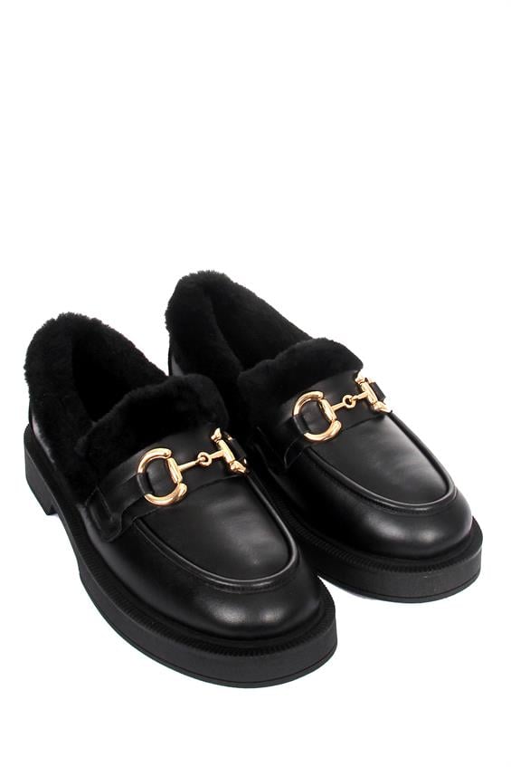 Kadın Tokalı Loafer Babet Ayakkabı - Siyah Deri