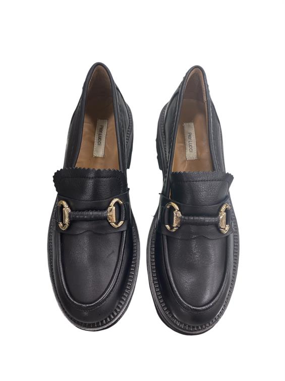 Kadın Loafer Tokalı Babet Ayakkabı - Siyah Deri