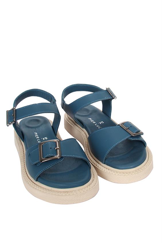 Kadın Kalın Tabanlı Günlük Sandalet - Kot Mavi Deri