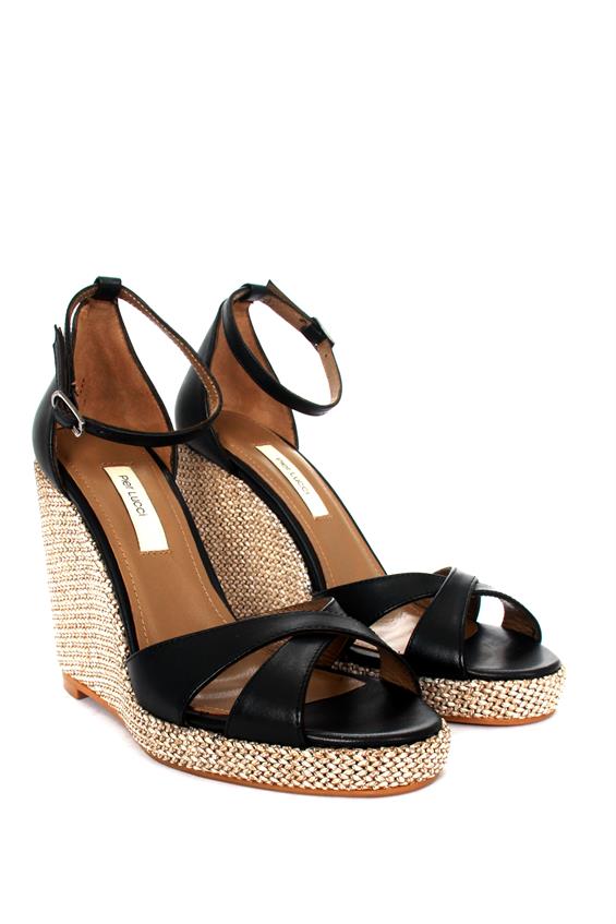 Kadın Dolgu Topuk Sandalet - Siyah Deri