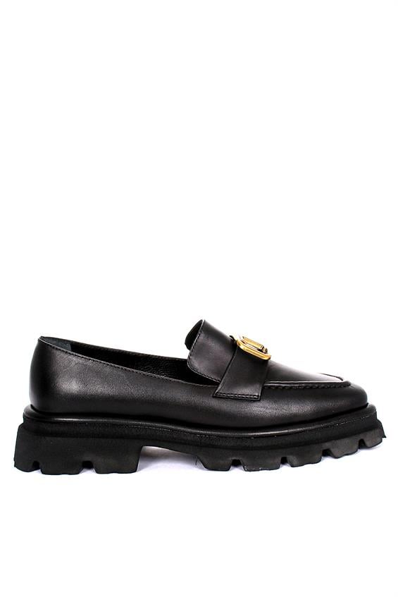 Kadın Babet Ayakkabı Loafer - Siyah Deri