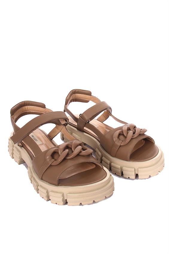 Kadın Kalın Tabanlı Günlük Sandalet-Karamel Deri