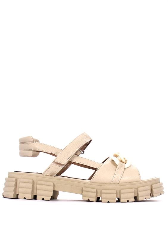 Kadın Kalın Tabanlı Günlük Sandalet-Bej Deri