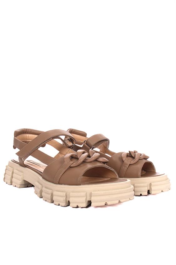 Kadın Kalın Tabanlı Günlük Sandalet-Karamel Deri