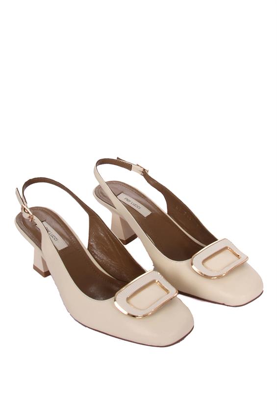 Kadın İnce Topuklu Ayakkabı-Krem Deri