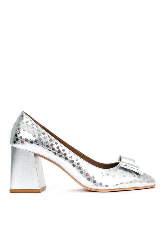 Kadın Kalın Topuklu Ayakkabı-Lame Deri