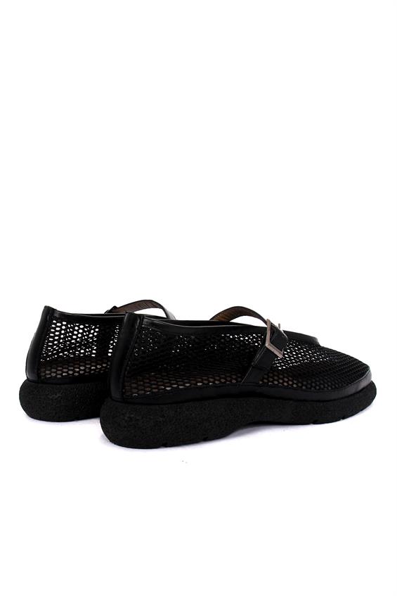 Kadın Tokalı Babet Ayakkabı - Siyah File