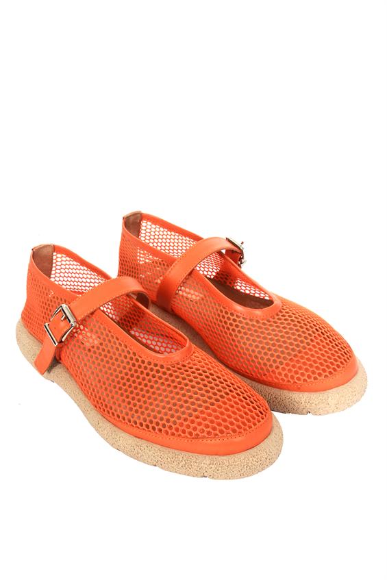 Kadın Tokalı Babet Ayakkabı - Turuncu File