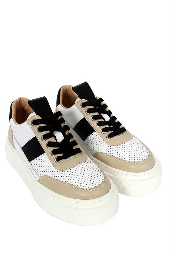 Kadın Sneakers Ayakkabı-Bej-Beyaz-Siyah Deri