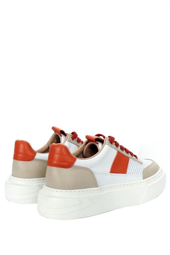Kadın Sneakers Ayakkabı - Turuncu-Bej-Beyaz Deri