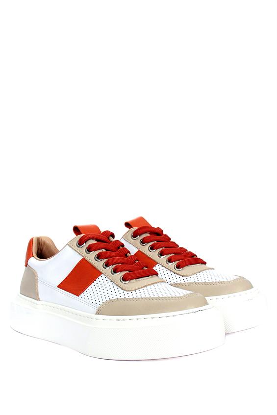 Kadın Sneakers Ayakkabı - Turuncu-Bej-Beyaz Deri